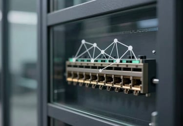 An abstract close-up of a digital network interface reflected in a clean glass partition, sharp focus, corporate tech aesthetic, charcoal tones.