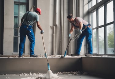 A professional team in uniforms performing building maintenance tasks outdoors.