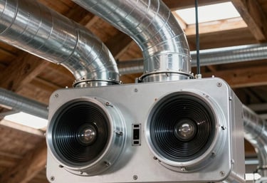 A close-up of a modern VMC double-flux ventilation system with clean silver ductwork in a well-lit technical attic, modern engineering aesthetic.
