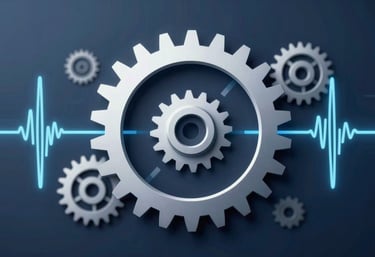 Abstract visualization of a gear mechanism integrated with digital pulse lines. High-contrast #2C528B and white palette.