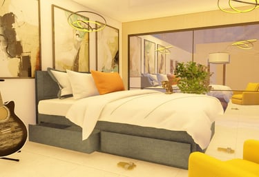 Modern bedroom featuring a blue storage bed, acoustic guitar, and contemporary wall art in a bright interior.