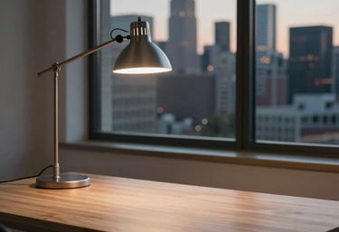 A minimalist workspace with a clean wooden desk, a high-end metal task lamp, and a large window showing a North American city skyline at dusk. The palette is muted and professional.