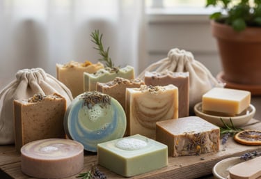 Handmade organic soap bars with natural ingredients and herbs on a rustic wooden board.