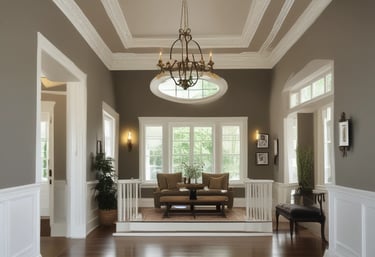 A skilled painter in red and white uniform carefully applying a fresh coat of paint to a modern home's exterior wall.