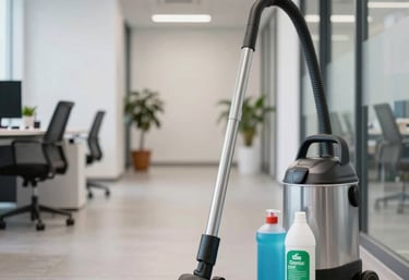Professional cleaning equipment including a modern vacuum and organic cleaning supplies in a bright Central European / Slovak corporate office hallway.