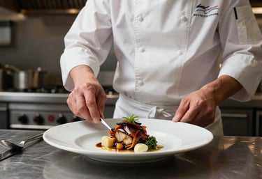 A professional chef in a modern kitchen plating a gourmet dish, shot in a North American / European style with high-contrast lighting and rich colors.