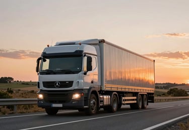 A modern logistics truck driving on a scenic highway through the European / Spanish countryside during sunset, with orange sky reflecting on the vehicle.