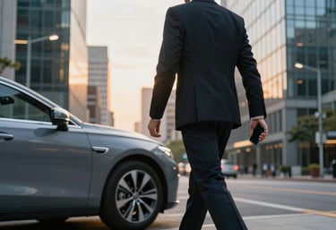 A person in North American / US business attire walking toward a sleek modern car in an urban city setting, holding a smartphone. The sun is setting, reflecting off glass buildings, highlighting convenience.