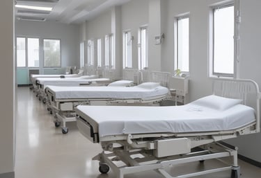 Rows of finished office desks and school chairs neatly arranged in a spacious factory.