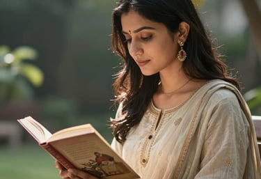 A candid shot of a woman in modern South Asian attire reading a book in a sunlit garden, peaceful and intellectual mood.