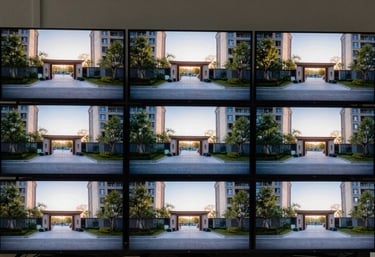 A sharp, clear photograph of several security monitor screens displaying synchronized outdoor camera views of a modern residential complex entrance at sunset.