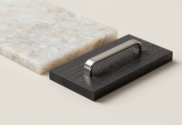 Selection of high-end material samples: quartz slab, dark stained wood (#262626), and a sleek metal handle. Arranged on a neutral surface (#F7F4EF) to showcase quality and attention to detail.