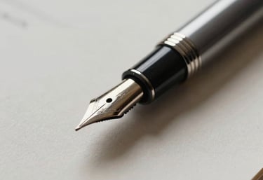 Close-up photography of an elegant fountain pen resting on a handmade paper manuscript. Soft shadows, shallow depth of field, minimalist and editorial style in muted greys and warm whites.