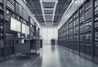 A sleek office workspace with multiple monitors displaying code and project timelines.