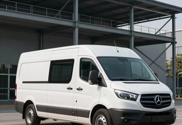 A clean, modern transport vehicle parked in front of a contemporary steel structure building. Sharp professional photography, highlighting efficiency.