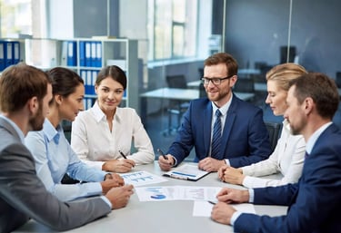 personas reunidas trabajando, dialogando y revisando documentación