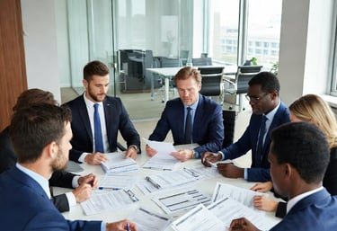 varias personas trabajando en equipo, con documentos