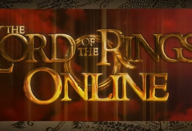 Golden Lord of the Rings Online logo over a red background with a vintage map of Middle-earth.