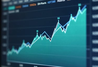 A close-up of a high-tech financial chart on a screen with teal #2F738E and light blue #8DB0BF lines, representing growth and clarity.
