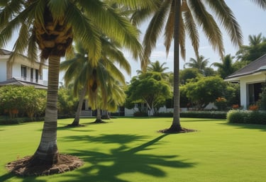 A cheerful landscaper trimming a lush green lawn under a bright Caribbean sky.