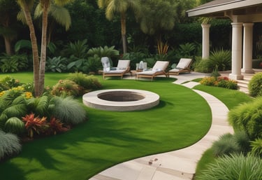 A beautifully landscaped tropical garden with vibrant flowers and neatly edged grass.