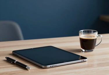 A minimalist North American / US executive desk setup featuring a tablet, a sleek pen, and an espresso, with a soft-focus Navy Blue wall behind it.