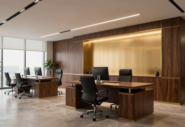 Sophisticated, modern office interior with golden accents and dark wood furniture. Clean lines, professional atmosphere, South American corporate style. Soft overhead lighting.