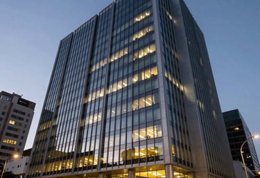 Exterior shot of a modern financial district building at dusk in a South American city, with interior lights glowing softly, conveying professional reliability.