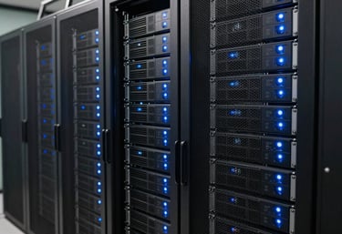 A rack of high-end servers and storage arrays in a modern data room, with glowing blue status lights, representing the massive processing power for film rendering.