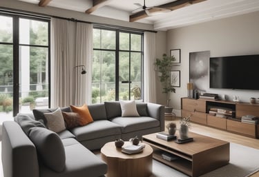 A skilled worker renovating a modern living room with fresh paint and new flooring.