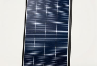 A crisp, professional studio photograph of a single high-efficiency monocrystalline solar panel. The lighting is soft and even, highlighting the sleek black frame against a clean Off-White background.