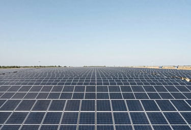A wide-angle landscape photograph of an expansive utility-scale solar farm. Thousands of solar panels are aligned in perfect rows under a bright, clear sky, conveying reliability.