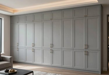 Custom wall-to-wall cabinetry in a modern North American / Miamian living room, showcasing seamless integration and soft grey finishes, professional lighting.