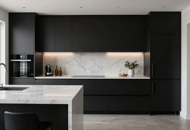 Minimalist luxury kitchen design in a North American / Miamian home featuring white marble countertops and custom black cabinetry with clean lines, editorial photography style.