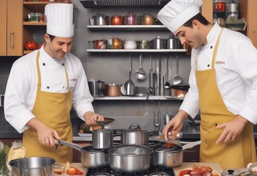 Restaurant kitchen staff working efficiently with consultant guidance.