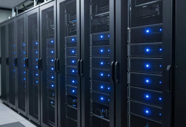 An organized and secure server room in a North American / US facility, with dark navy server racks and soft blue status lights.