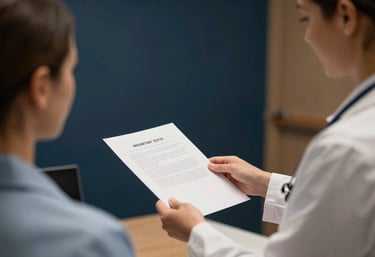 A supportive administrative specialist in a North American / US healthcare clinic office, handing a pearl white document to a colleague. The setting is warm with dark navy blue accents.