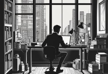 Black and white illustration of a man working at a desk in a home office overlooking a city skyline.