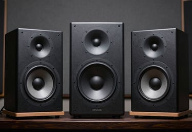 High-end studio monitor speakers standing in a professional sound studio in Latin America. The background is a minimalist charcoal grey acoustic wall. Sharp, high-contrast professional photography.