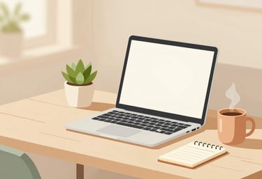 A cozy workspace with a laptop, a cup of coffee, and a family photo on the desk.