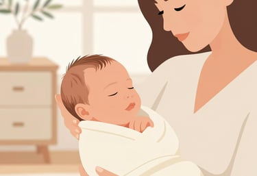 A smiling parent working on a tablet while a child plays nearby, illustrating family and work balance.