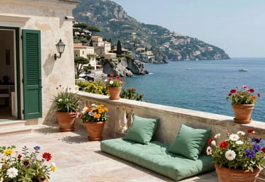 A luxury villa terrace in San Michele di Pagana, Italian Riviera / Ligurian Coast, decorated with terracotta pots, Mediterranean flowers, and sea green cushions, overlooking the bay.