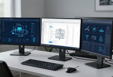 An elegant European workspace with multiple monitors displaying data and networking icons, professional and high-tech atmosphere, light grey and navy blue palette.
