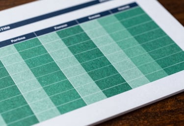 A close-up photograph of a modern financial report with emerald green and dark navy highlights on a mahogany surface. Professional, North American / US.