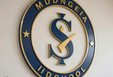 Close-up of a school logo on a wall, elegantly designed with navy blue and gold colors, in a brightly lit reception area of an Indonesian school.