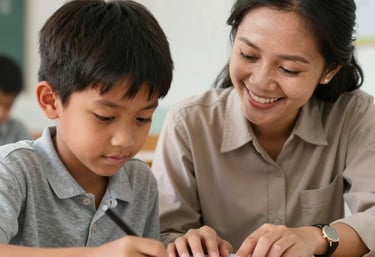 Close-up of an Indonesian teacher smiling and helping a young student with a notebook in a clean, brightly lit classroom, warm and professional atmosphere.