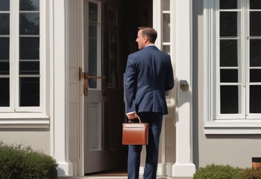 A confident salesperson shaking hands with a happy homeowner after closing a deal.
