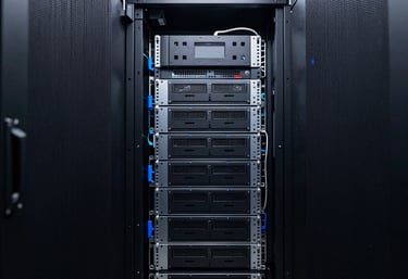 A clean, high-contrast photograph of a server room with glowing soft gray lights and steel blue accents, representing the robust technical backbone of a Quantum Designer website.