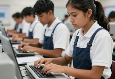 Students and instructors collaborating over a laptop displaying sustainable development goals.