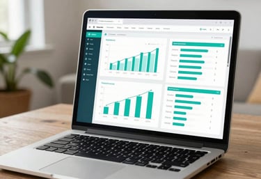 Photography of a sleek, modern laptop screen showing a vibrant educational dashboard with progress charts in Teal. Located in a bright room with Latin American / General Spanish-speaking decor and indoor plants.